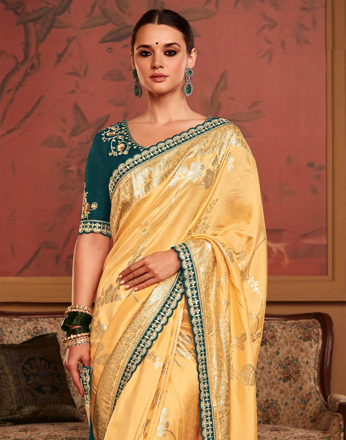 Light Yellow Floral Design Dola Silk Saree with Embroidered Blouse