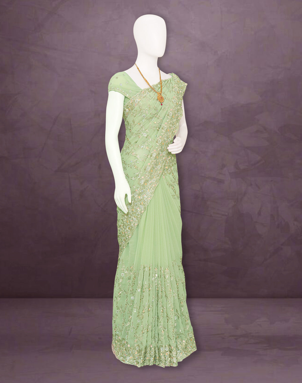 Pista Green Floral Georgette Stones work Saree