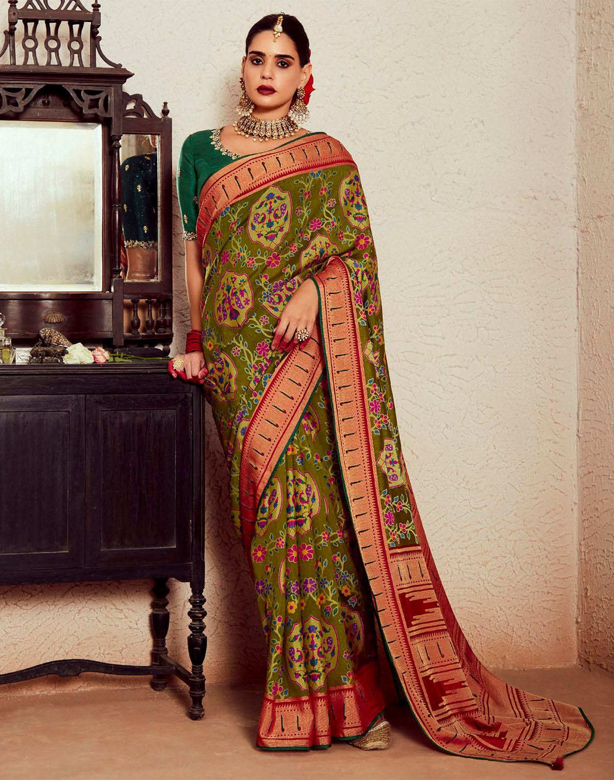 Brasso Floral design Mehendi Green Designer Saree
