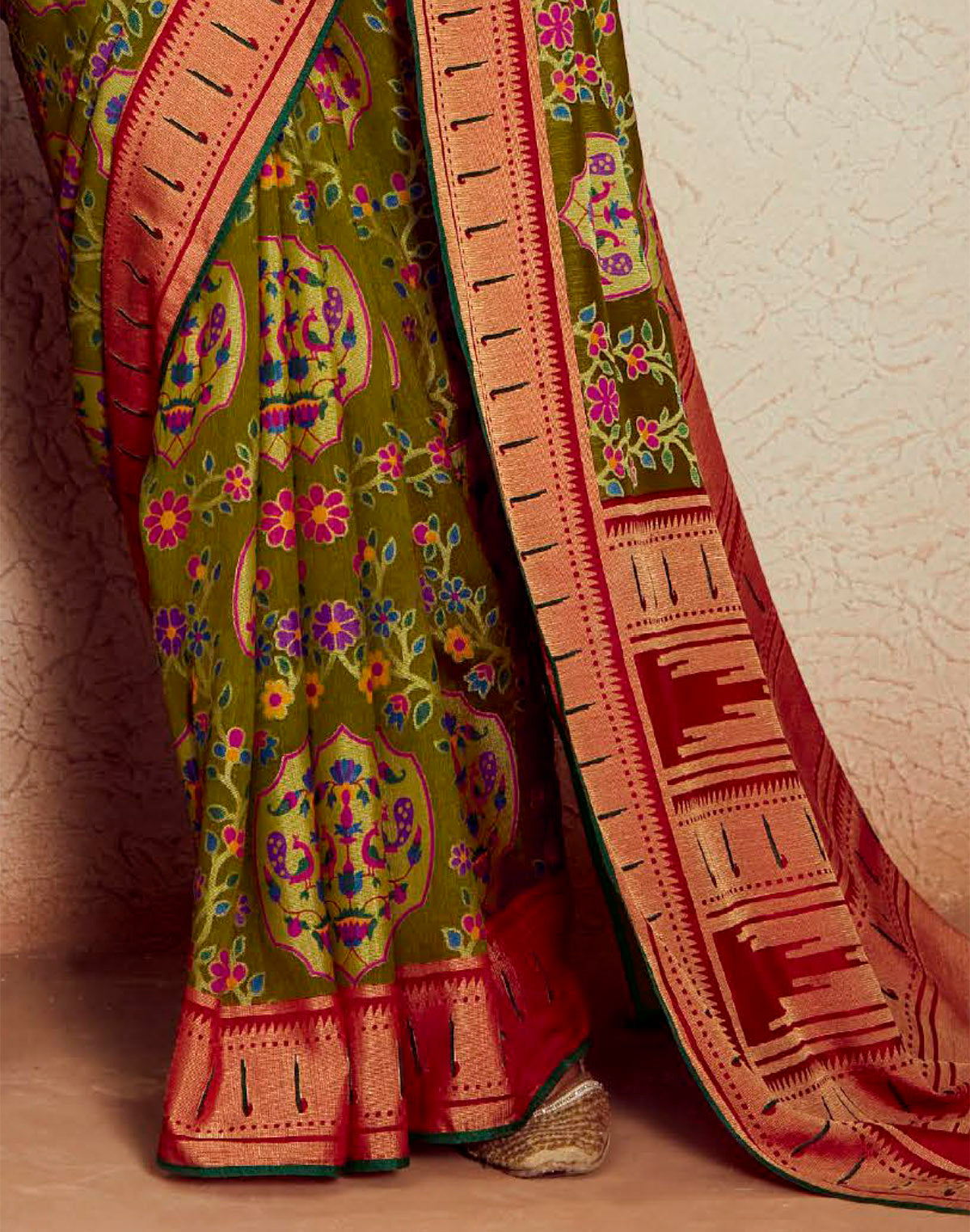Brasso Floral design Mehendi Green Designer Saree