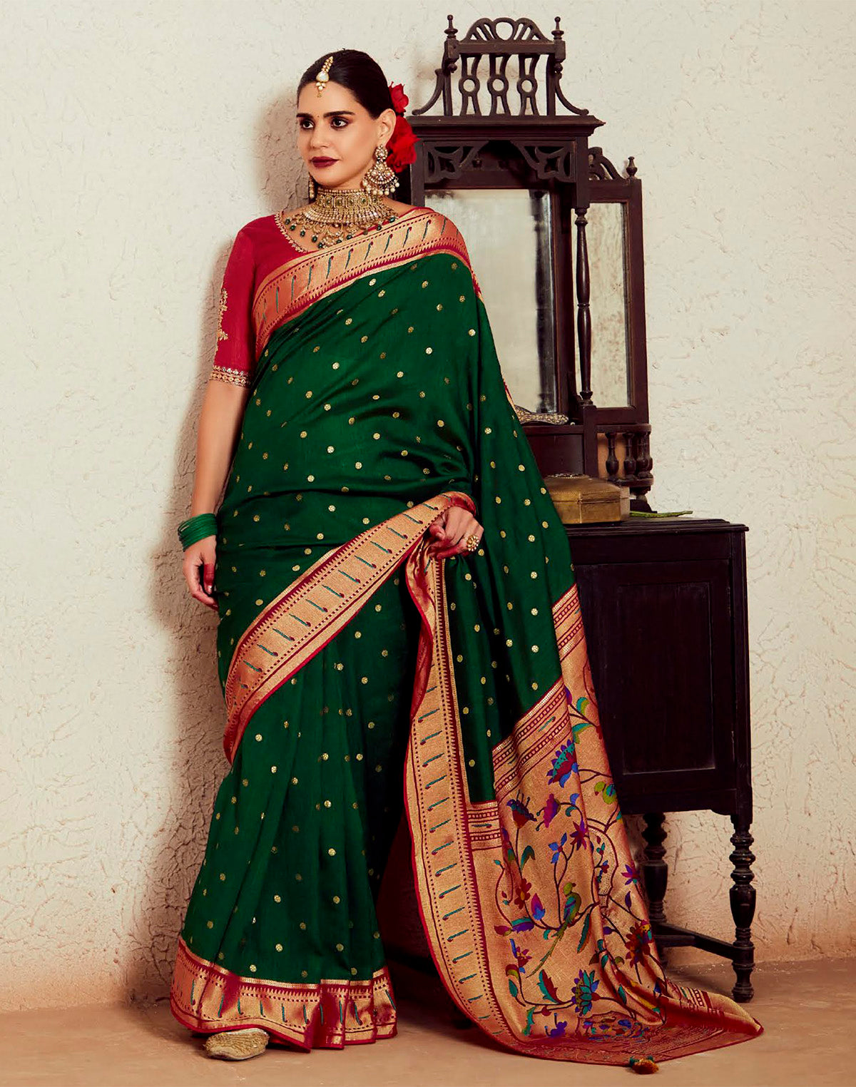 Dark Green Brasso Silk Paithani Saree with Embroidered Blouse