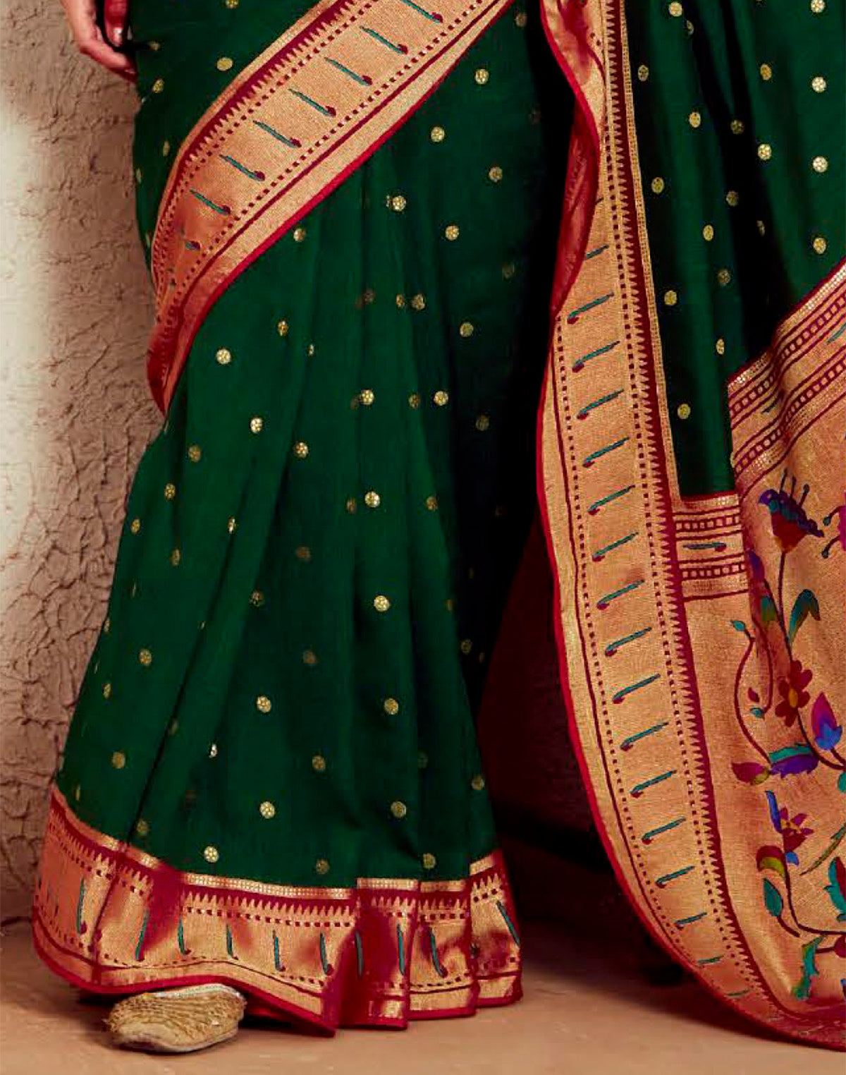 Dark Green Brasso Silk Paithani Saree with Embroidered Blouse