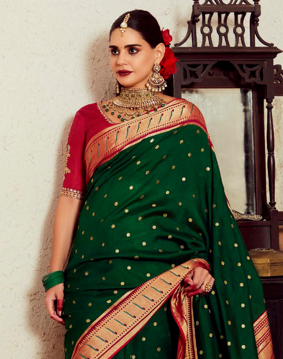 Dark Green Brasso Silk Paithani Saree with Embroidered Blouse