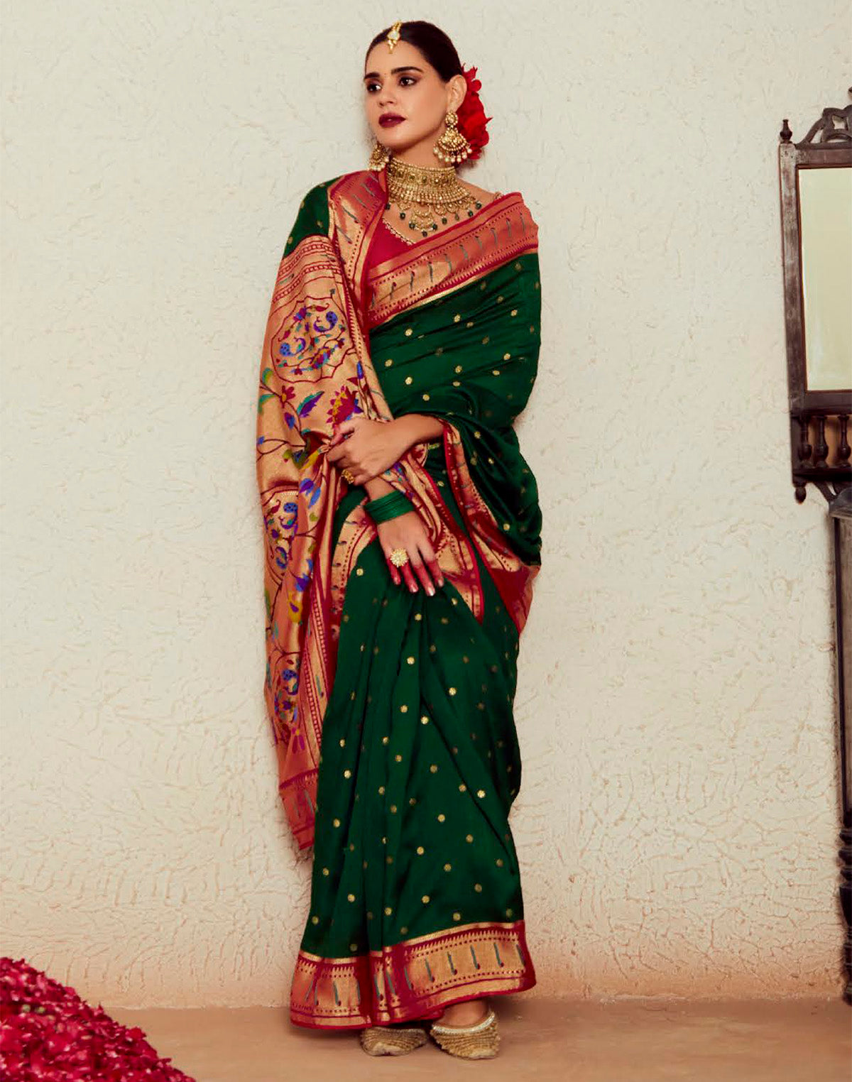 Dark Green Brasso Silk Paithani Saree with Embroidered Blouse