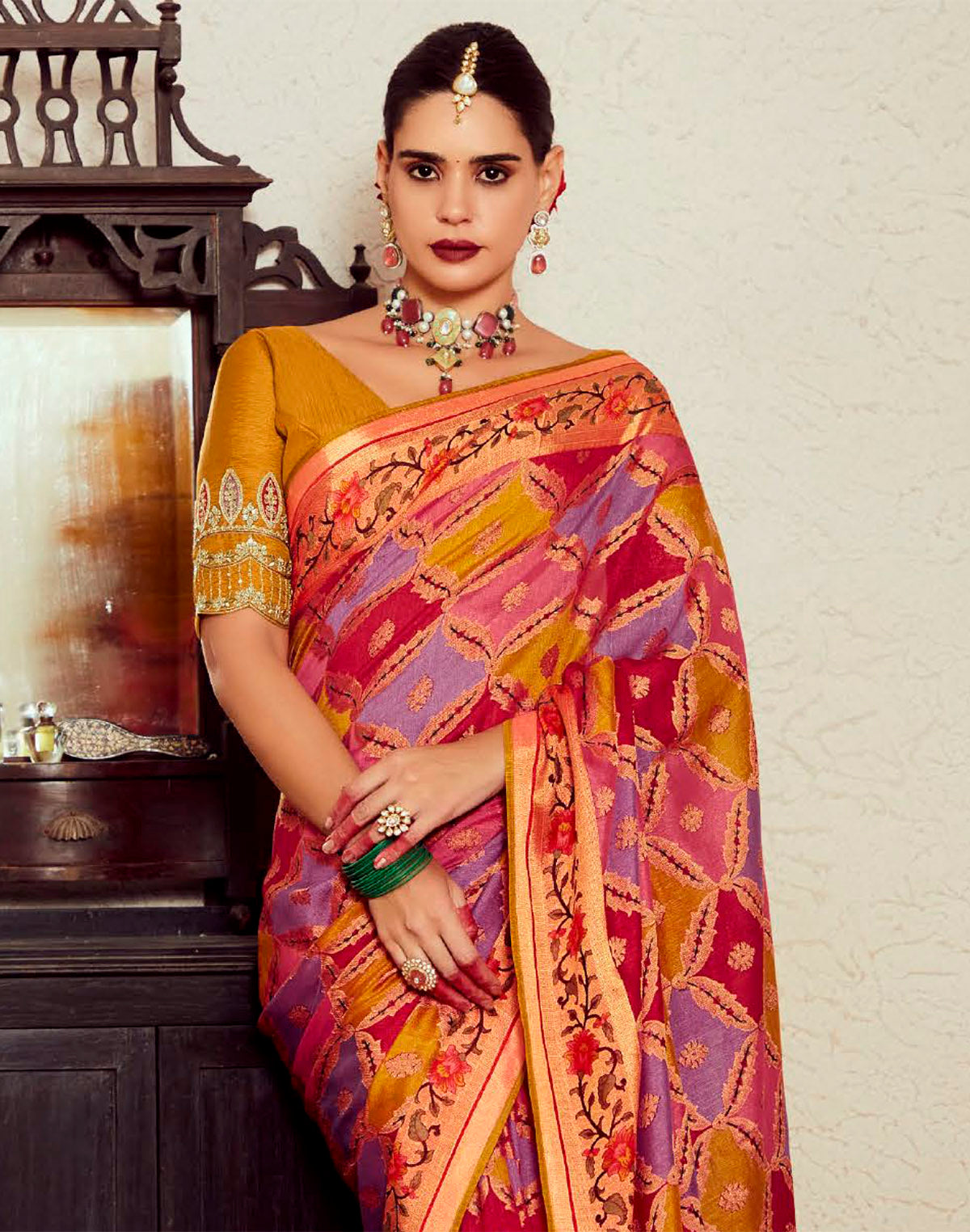 Multi Color Soft Brasso Silk Designer Saree with Designer Blouse