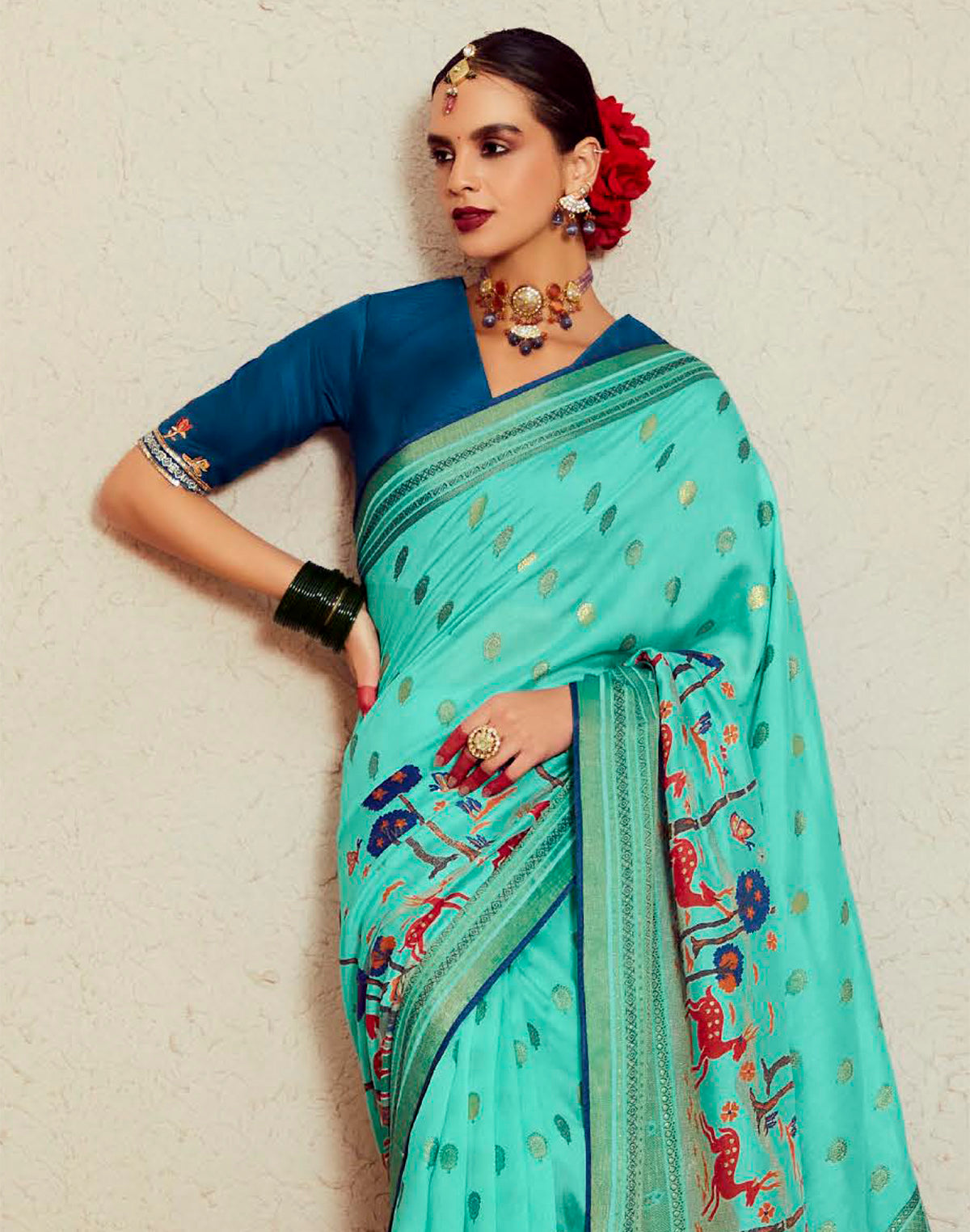 Sea Green Brasso Silk Saree with Embroidered Blouse