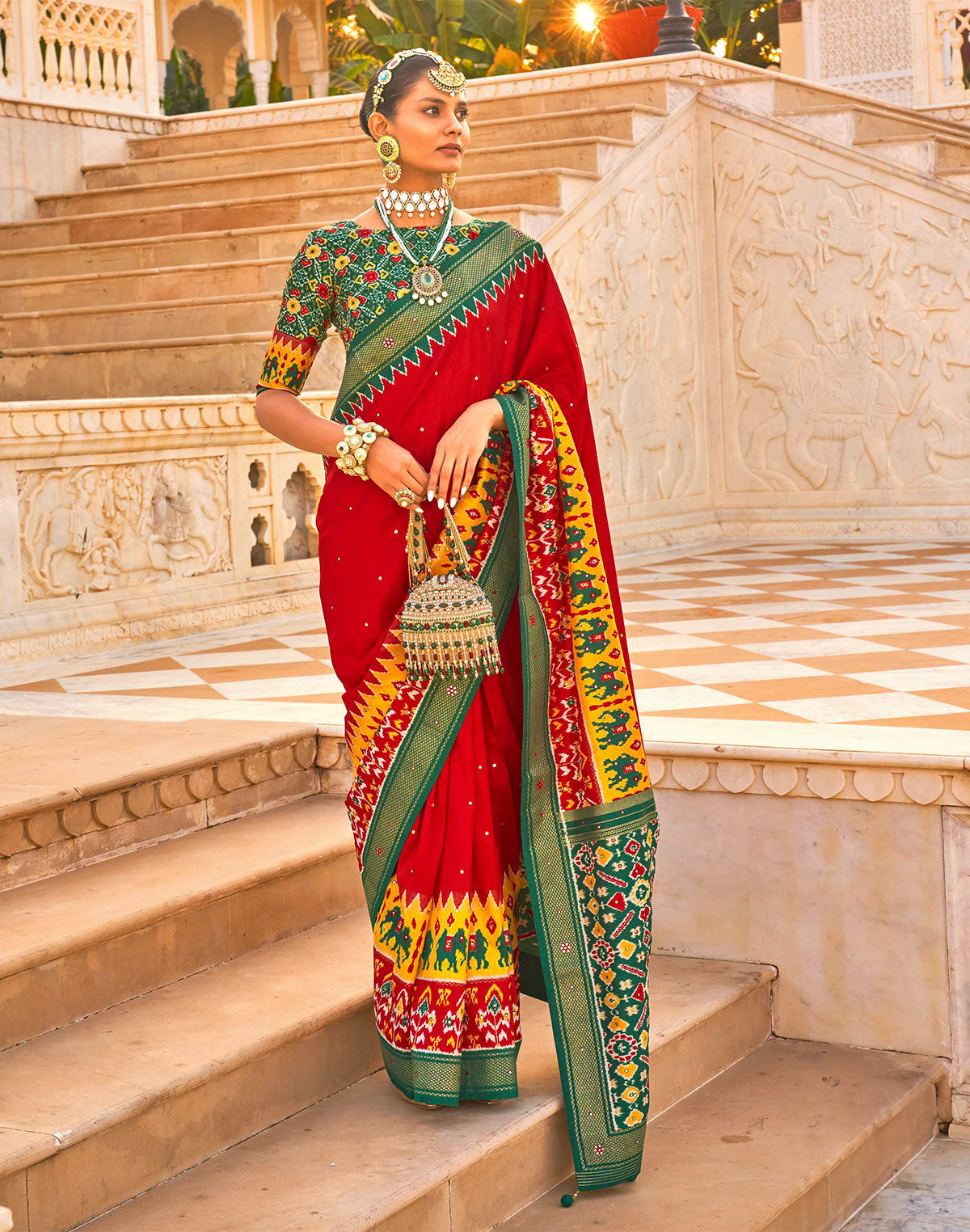 Bright Red and Green Patola Silk Mirror work Saree