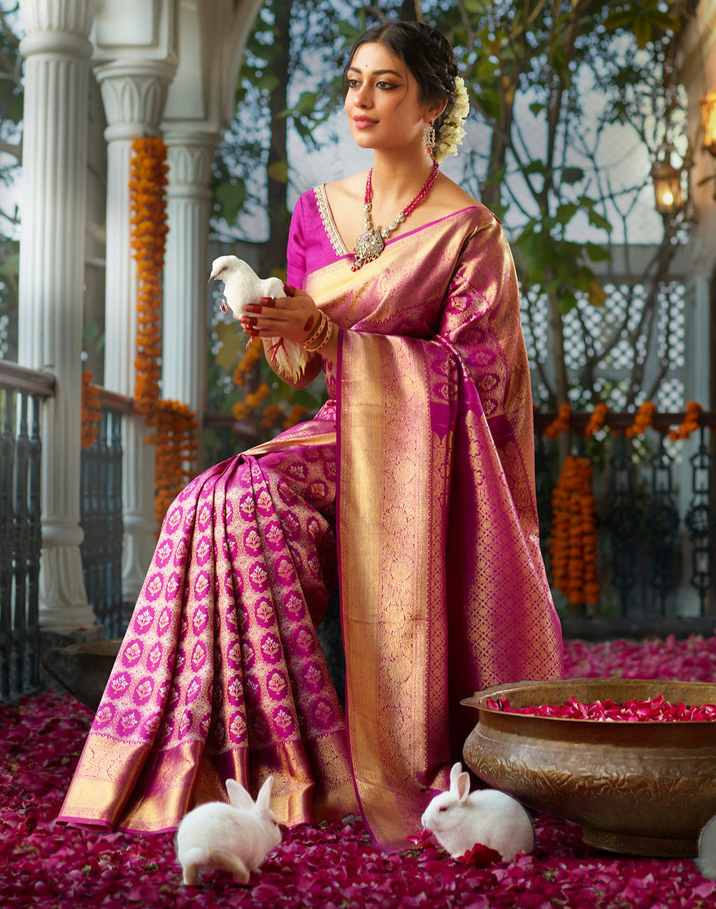 Magenta Kanjeevaram Silk Saree Embellished with Embossed Print