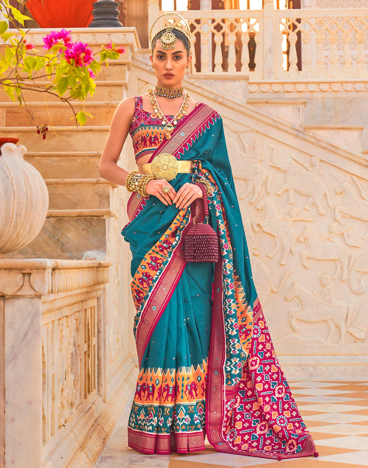 Peacock Blue Mirror work Patola Silk Saree