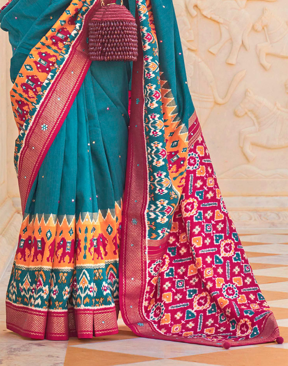 Peacock Blue Mirror work Patola Silk Saree