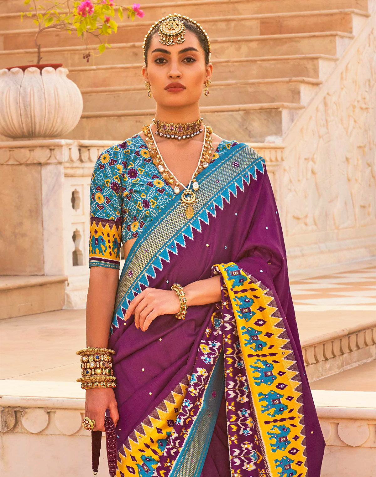 Traditional Wine Mirror work Patola Silk Saree