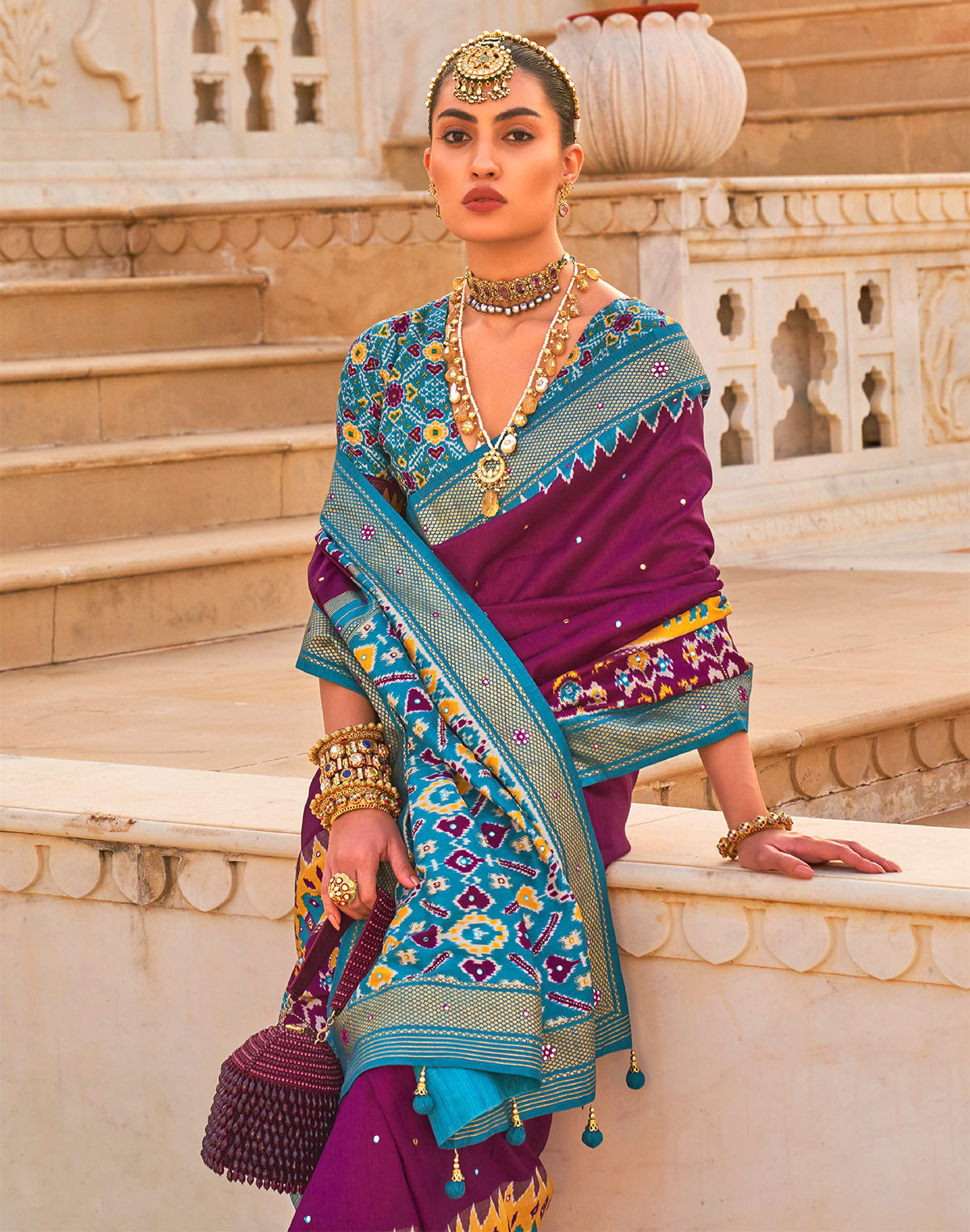 Traditional Wine Mirror work Patola Silk Saree