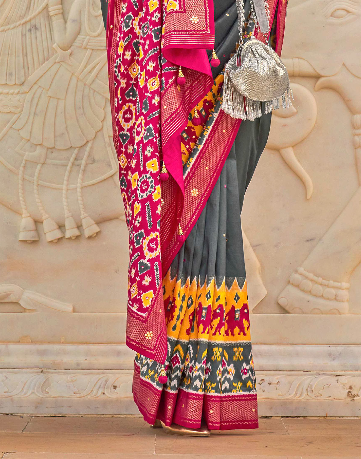 Grey Mirror work Patola Silk Saree