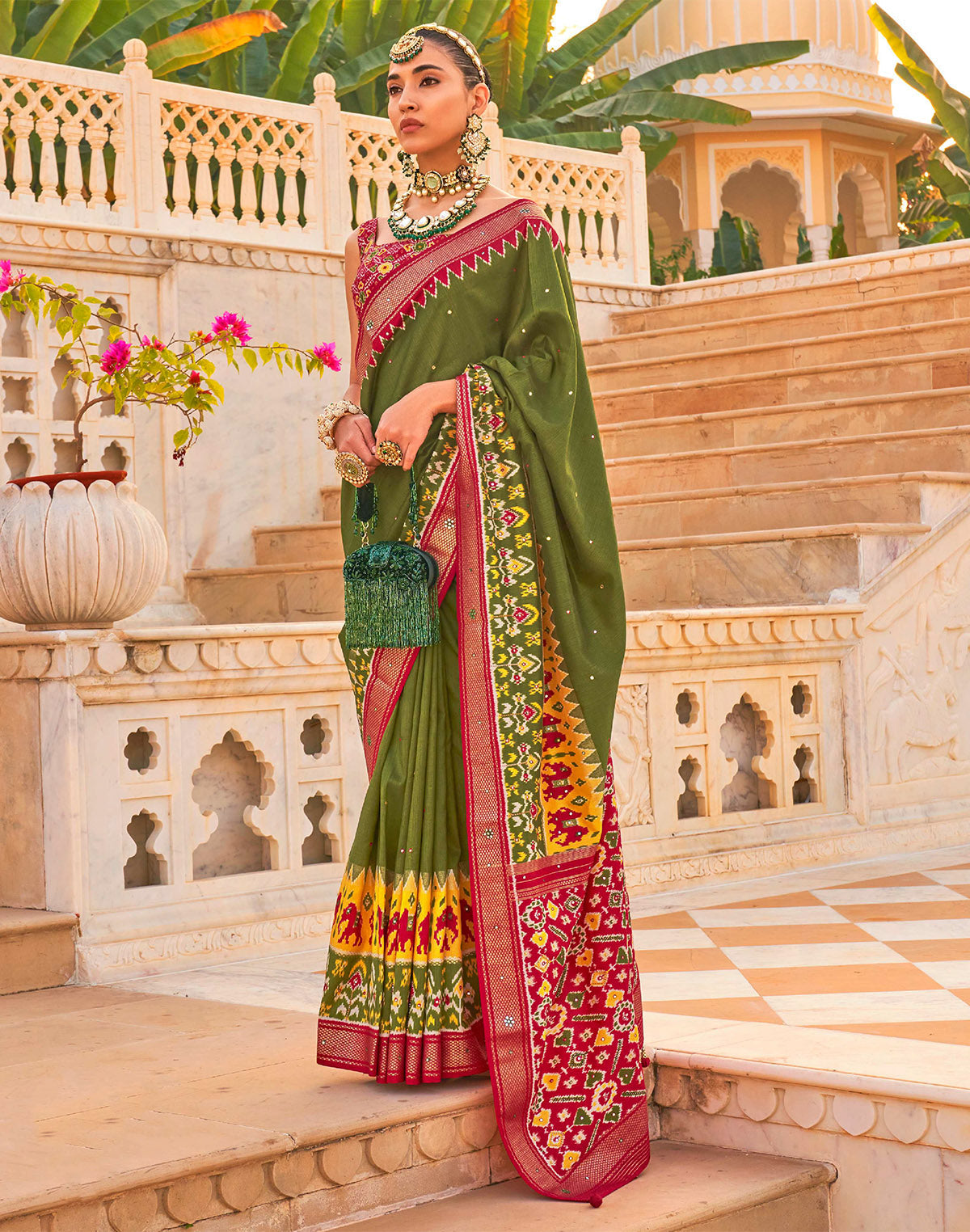 Mehendi Green Patola Silk Mirror work Saree