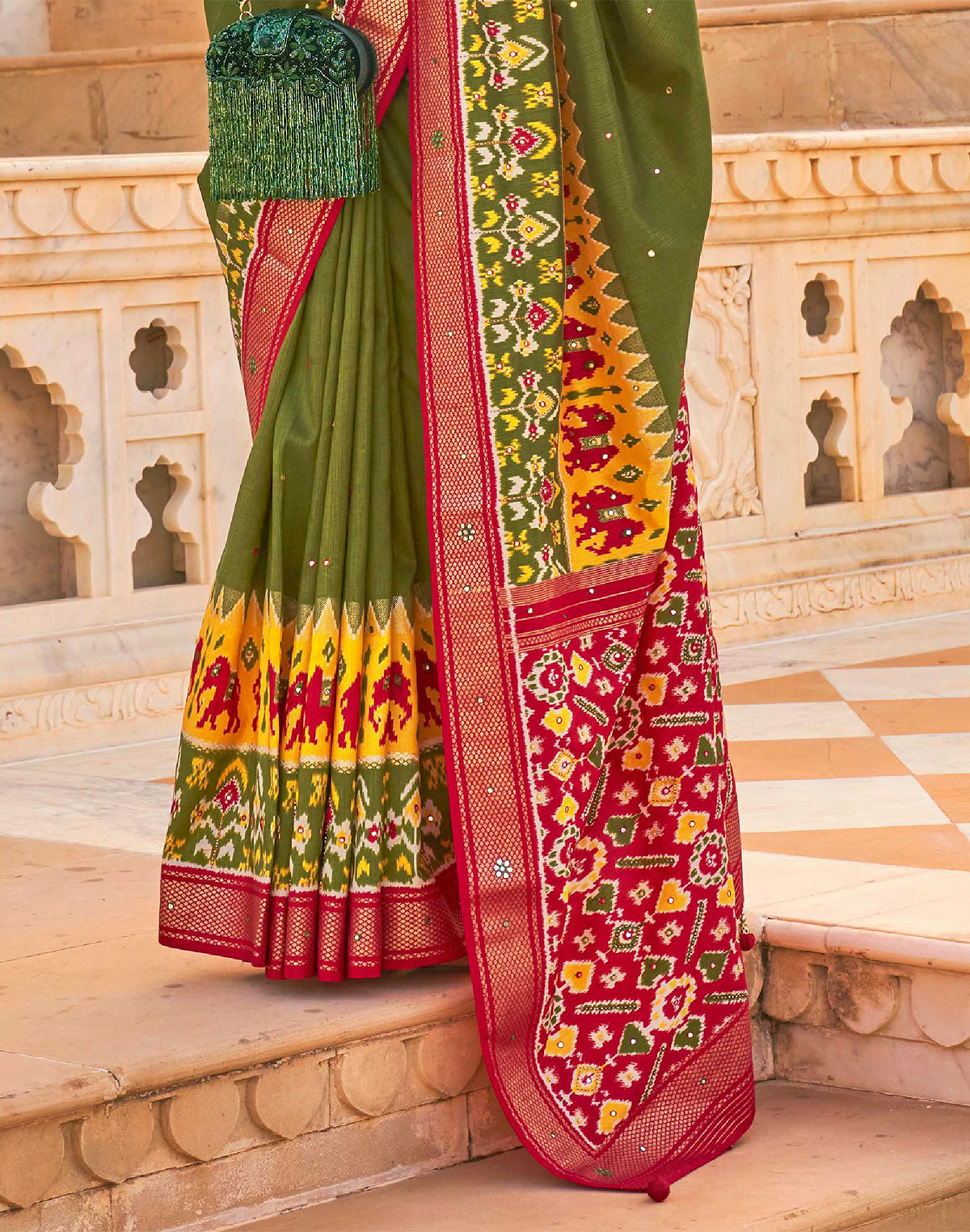 Mehendi Green Patola Silk Mirror work Saree