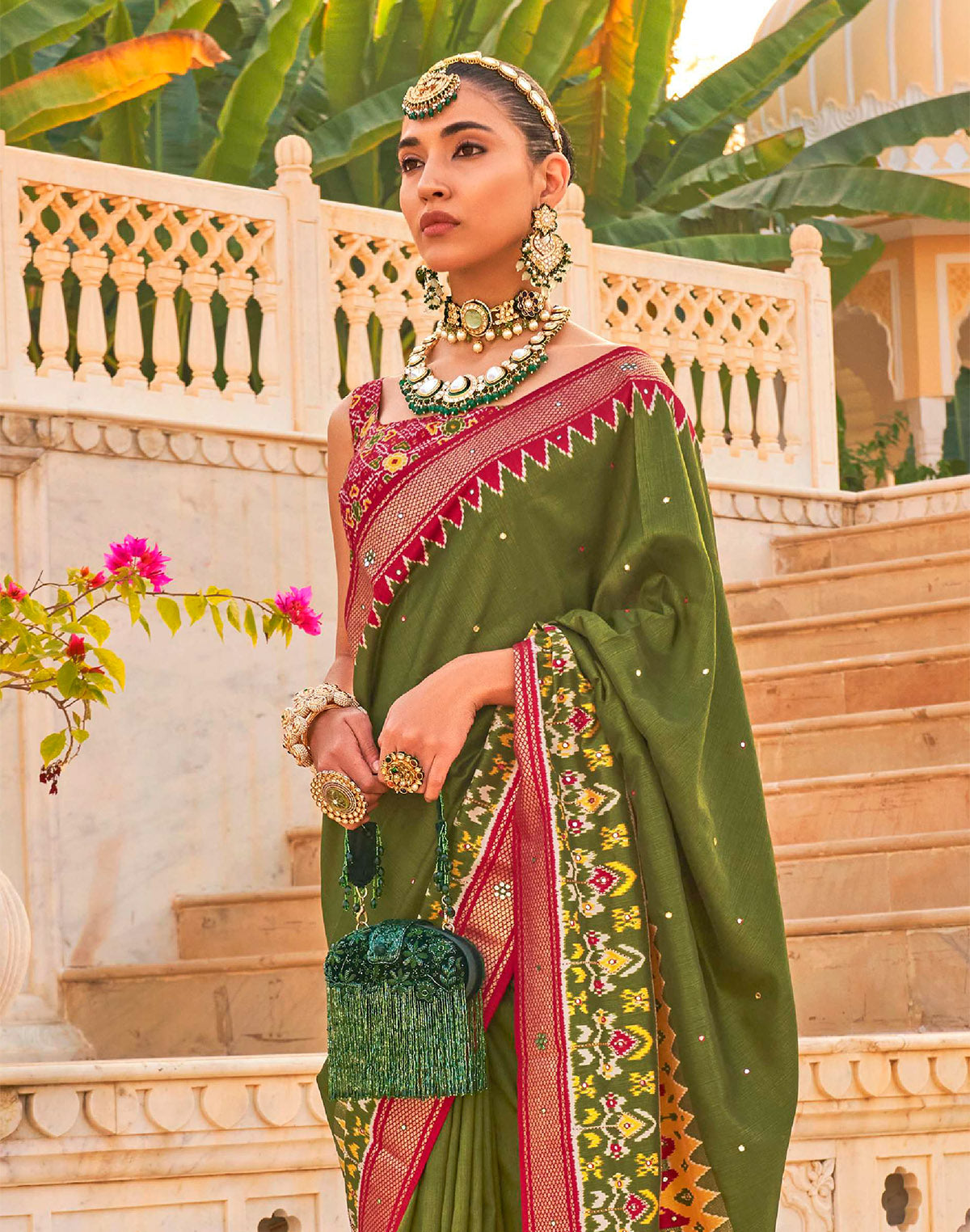 Mehendi Green Patola Silk Mirror work Saree