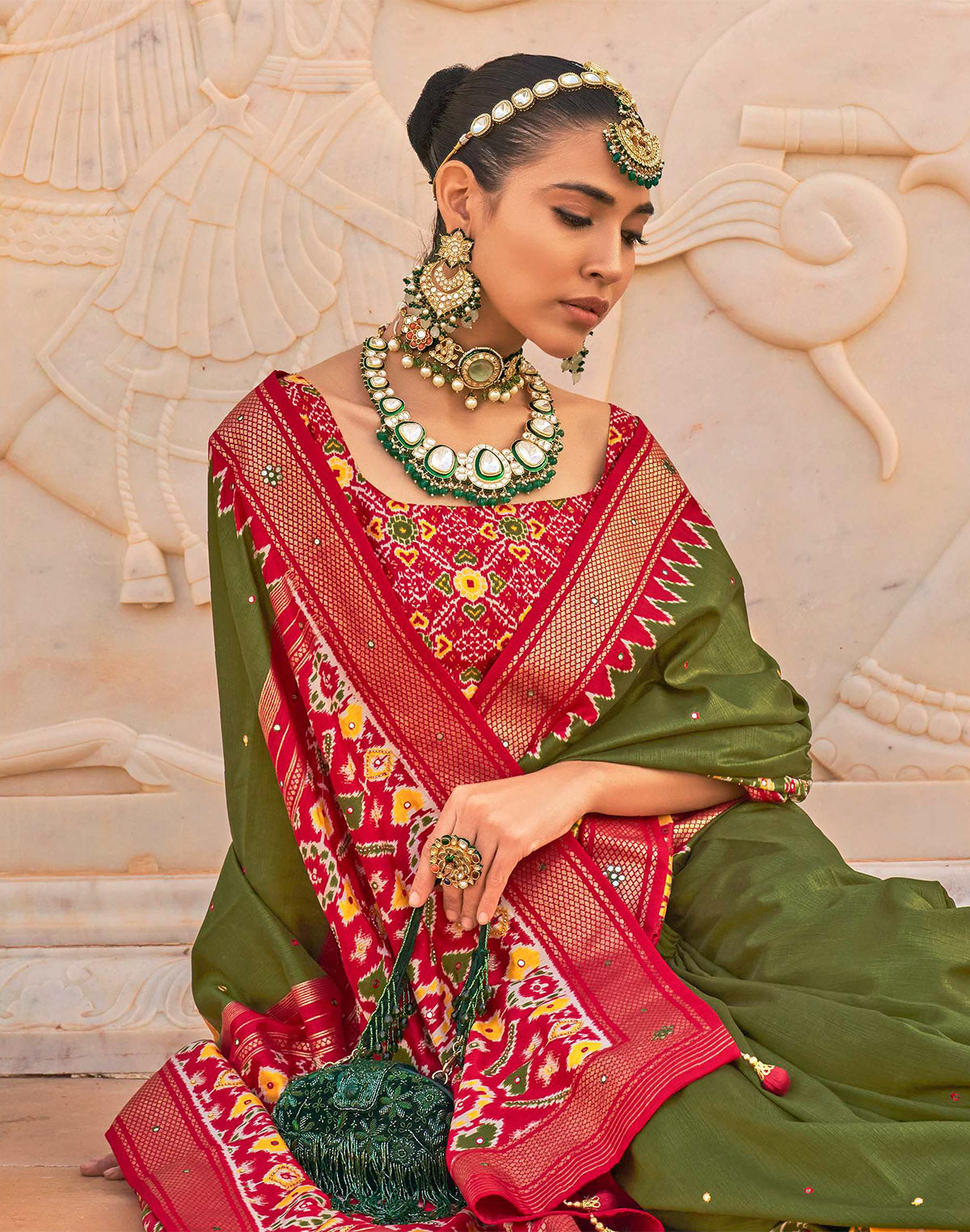 Mehendi Green Patola Silk Mirror work Saree