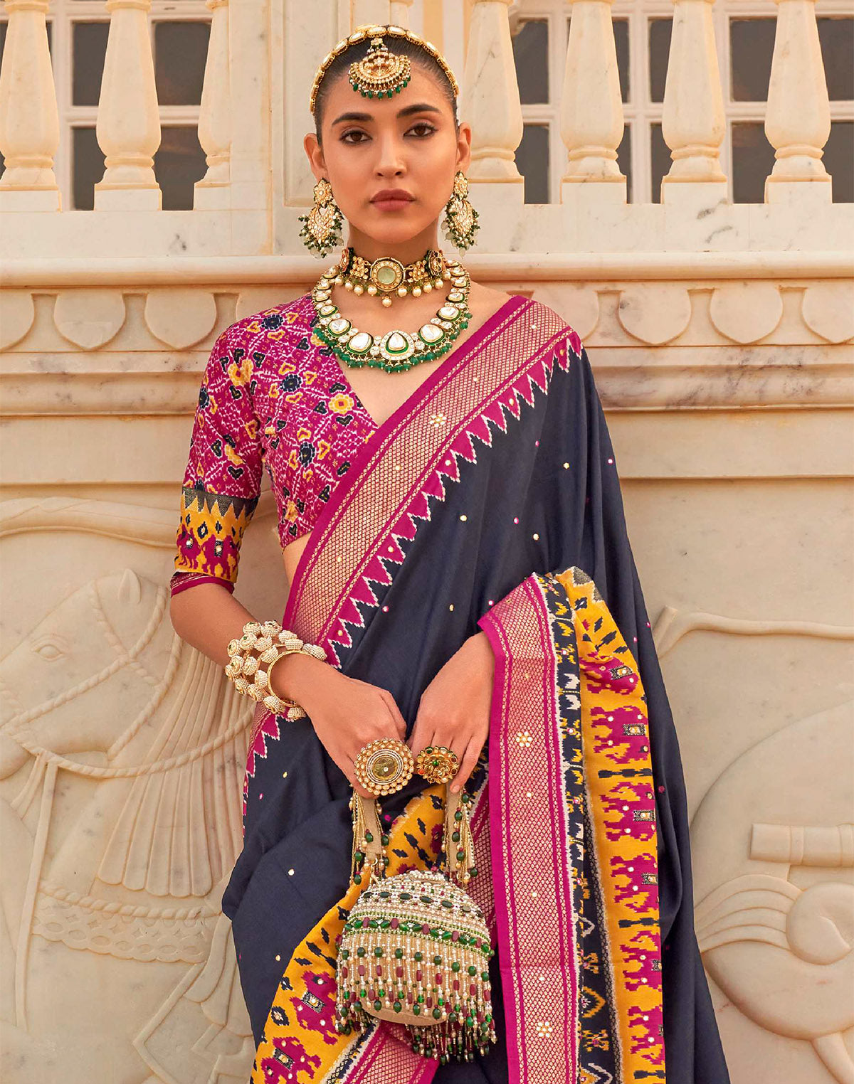 Navy Blue Style Patola Mirror work Saree