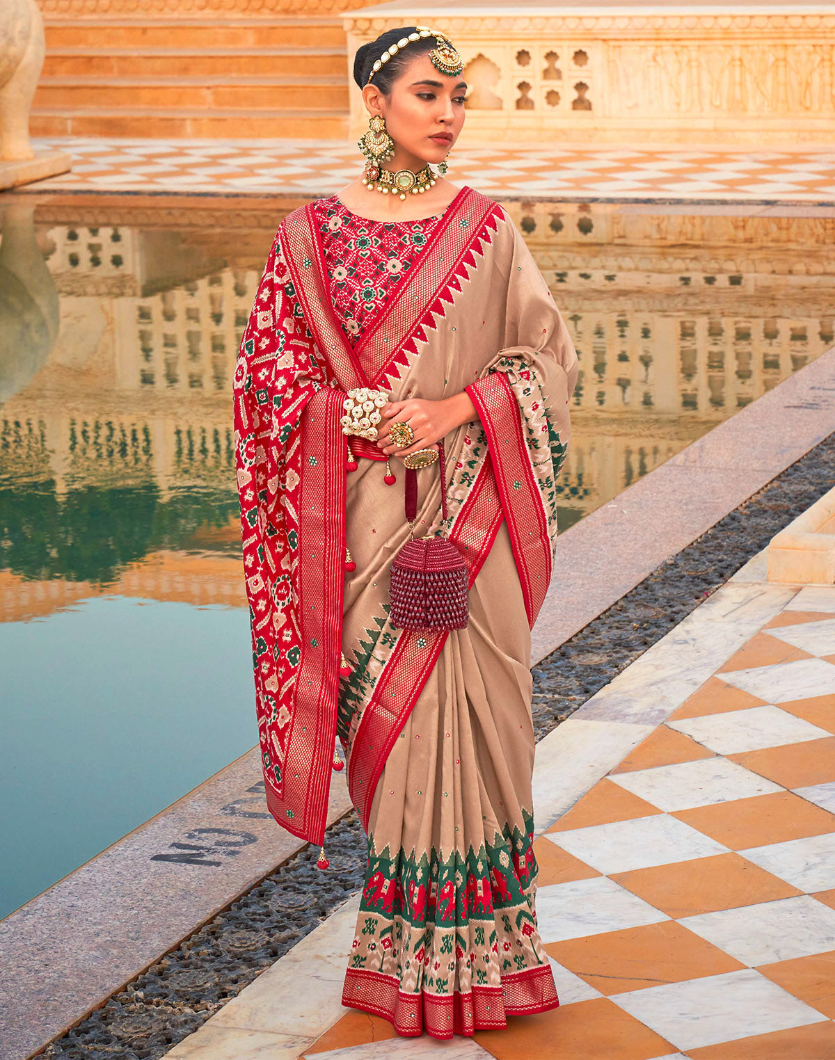 Beige Patola Silk Classic Saree with Mirror Work