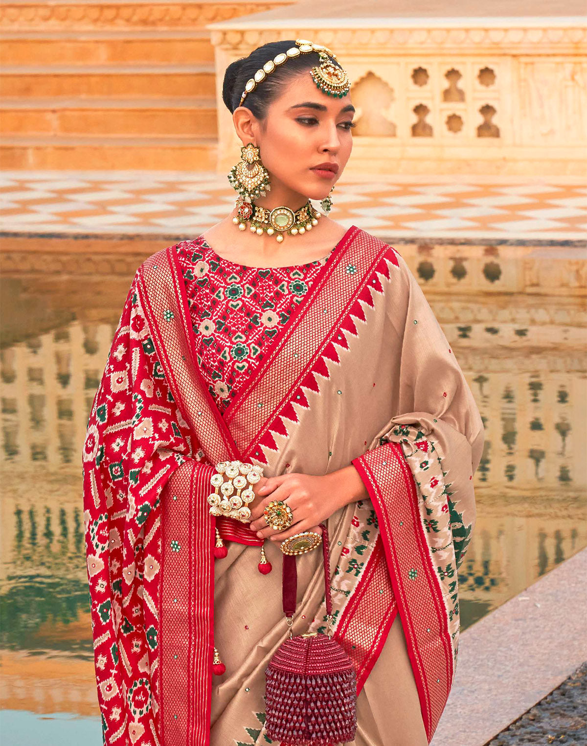 Beige Patola Silk Classic Saree with Mirror Work
