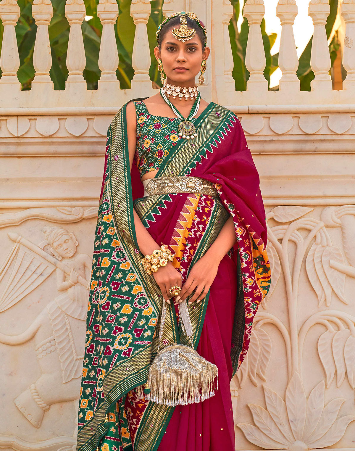 Patola Silk Mirror work Saree in Maroon