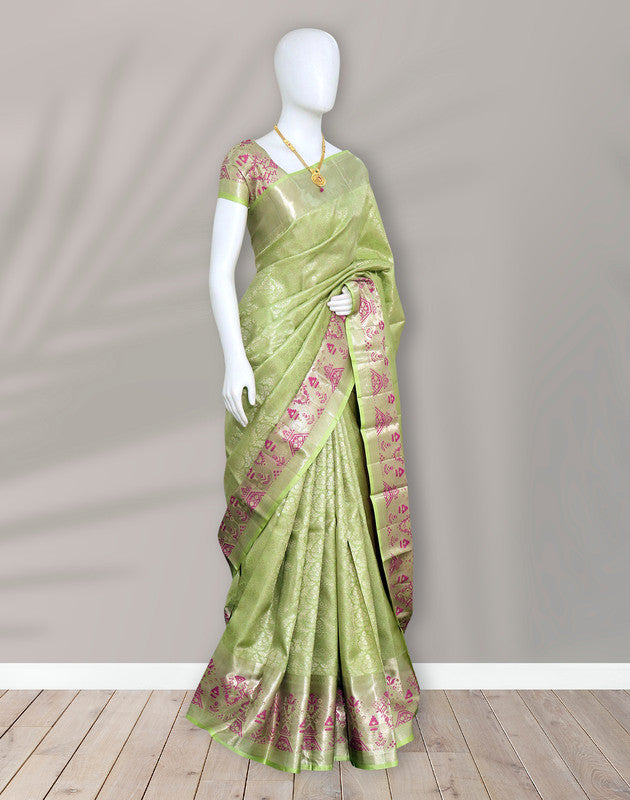 Pista Green all over Silver Zari Meenakari with Self Border Saree
