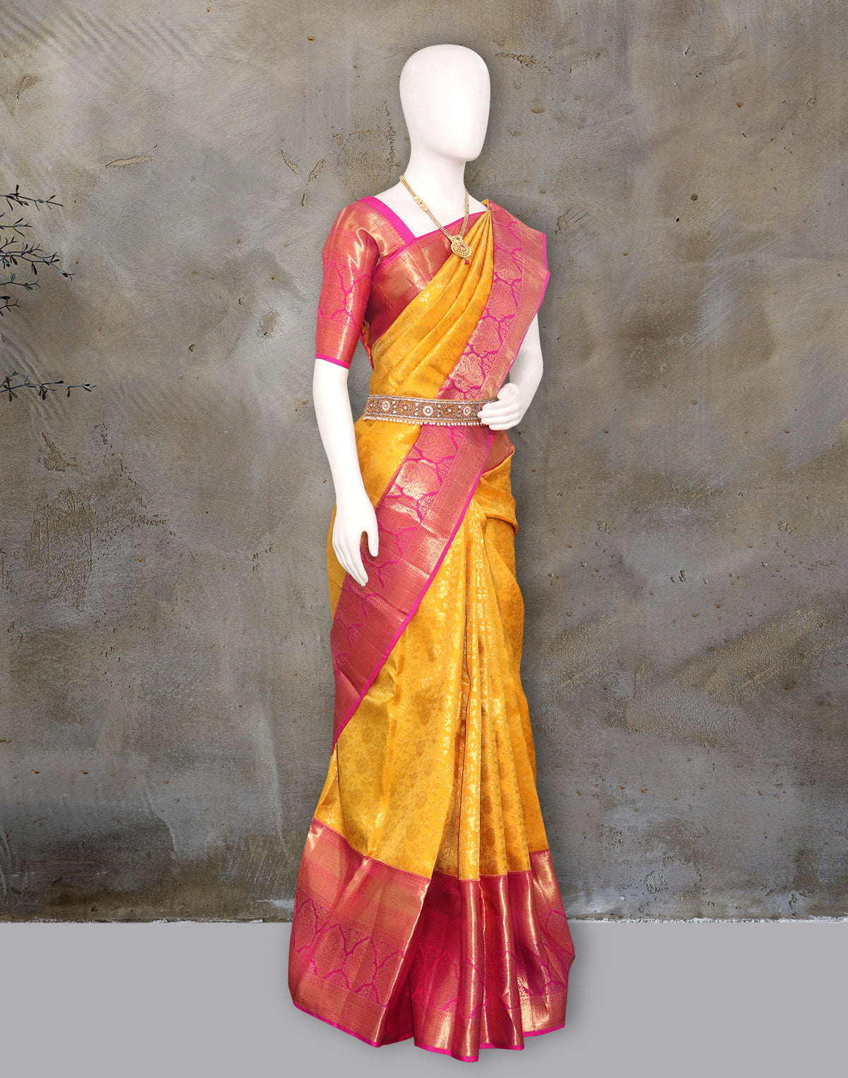 Mustard and Pink Kanchi Pattu Pure Silk Saree