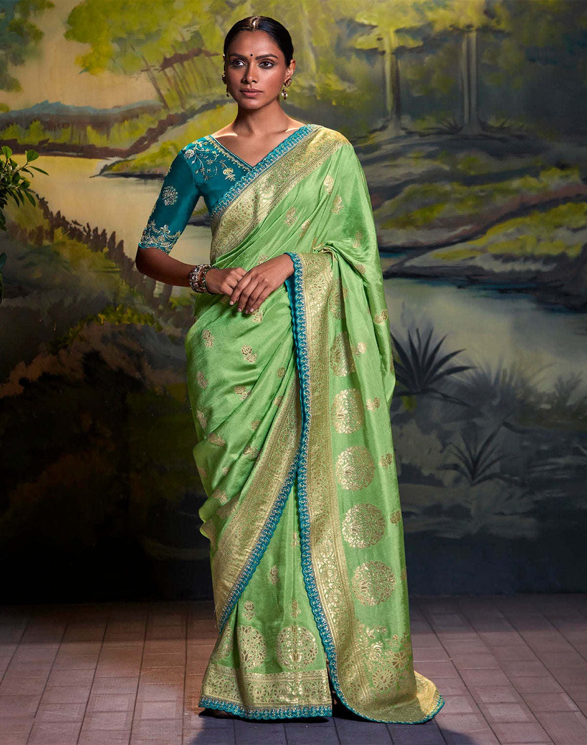 Pista Green Pure Dola Silk Saree With Designer blue Embroidery work Blouse