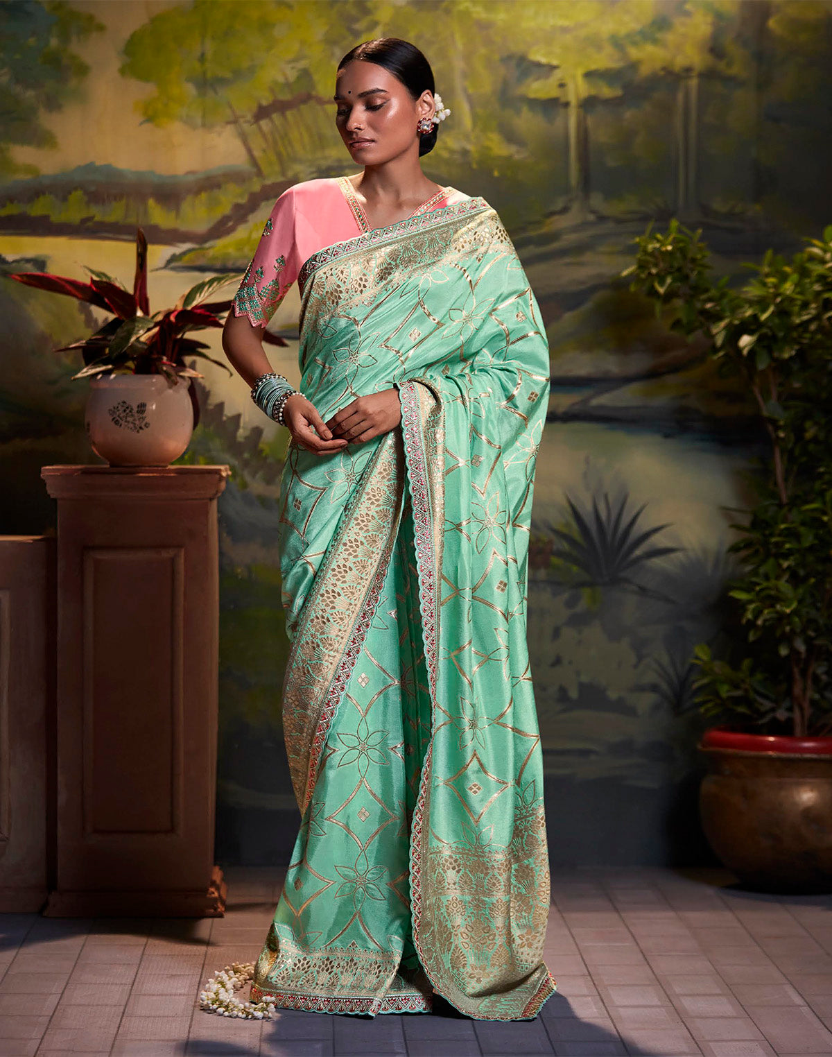 Sea Green Pure Dola Silk Saree with Fancy Lace Border and Embroidery Work Blouse