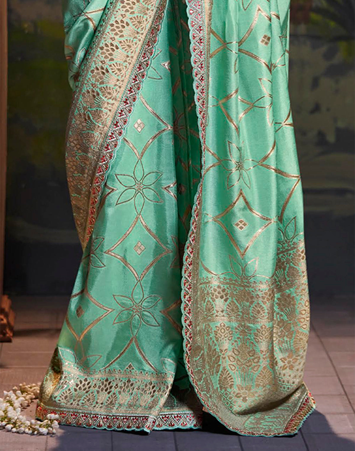 Sea Green Pure Dola Silk Saree with Fancy Lace Border and Embroidery Work Blouse