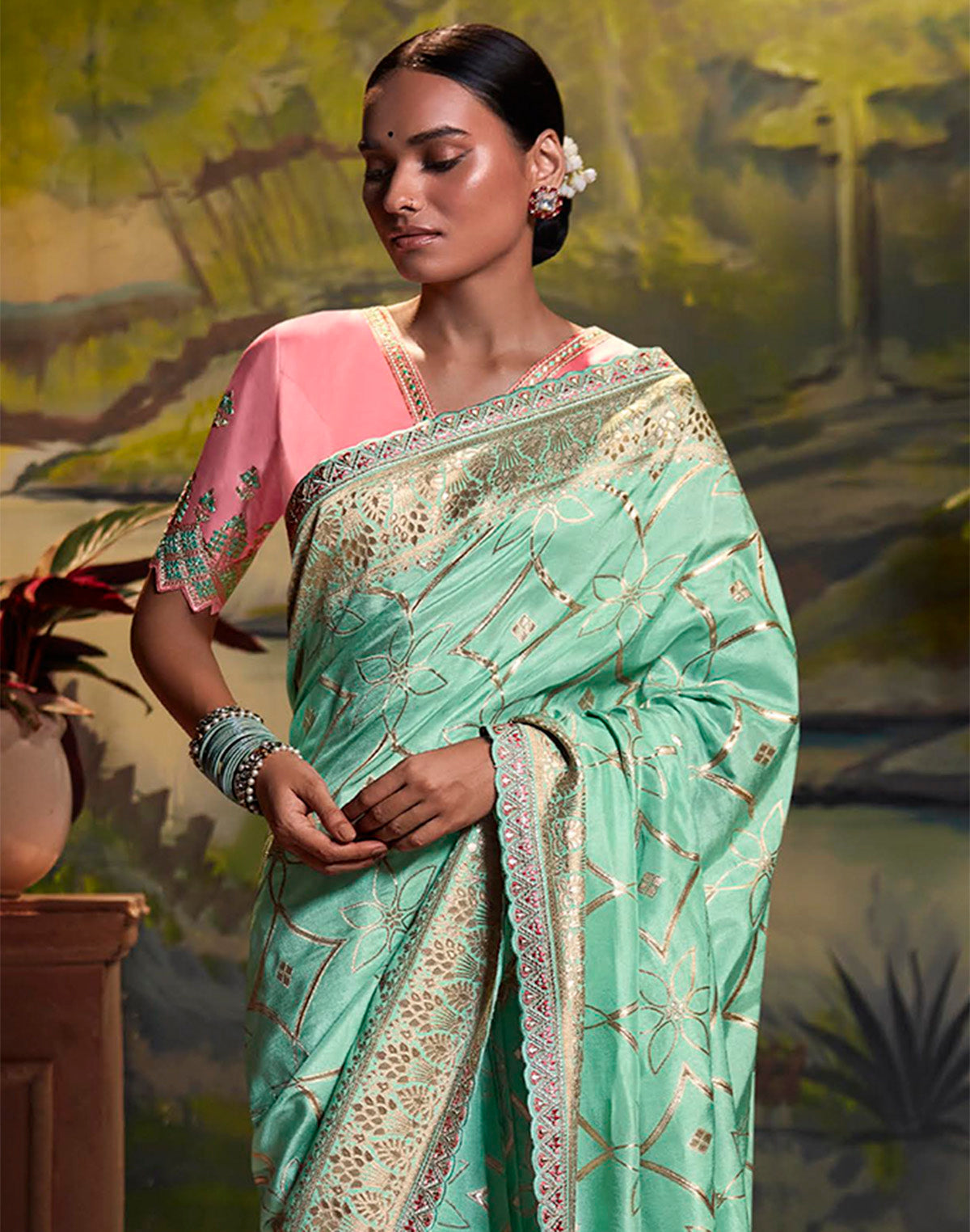 Sea Green Pure Dola Silk Saree with Fancy Lace Border and Embroidery Work Blouse