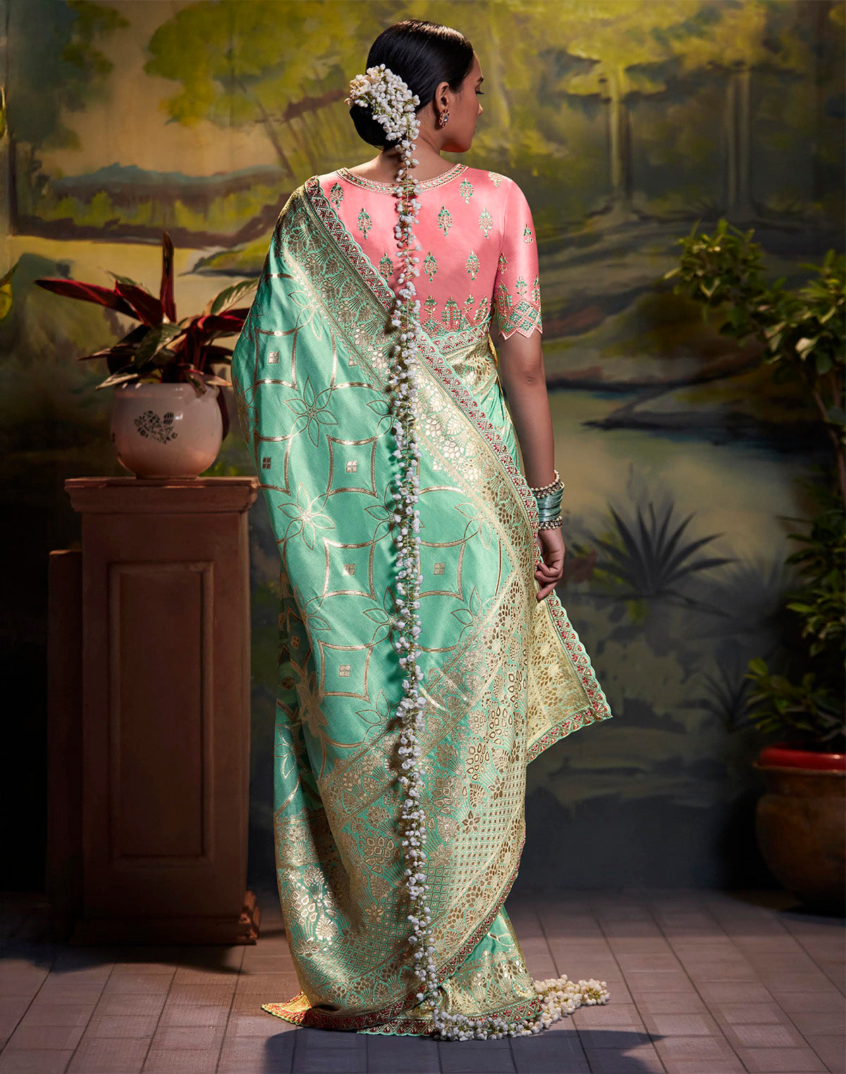 Sea Green Pure Dola Silk Saree with Fancy Lace Border and Embroidery Work Blouse