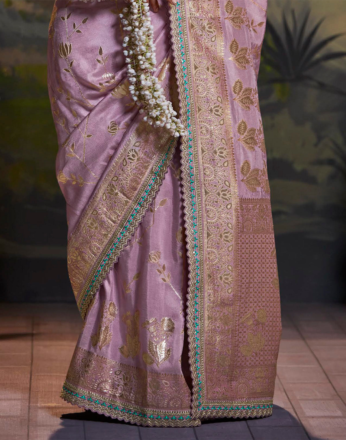 Purple Coloured Pure Dola Silk Floral Saree with Fancy Lace Border