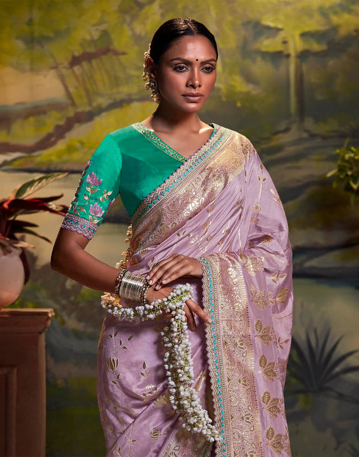 Purple Coloured Pure Dola Silk Floral Saree with Fancy Lace Border