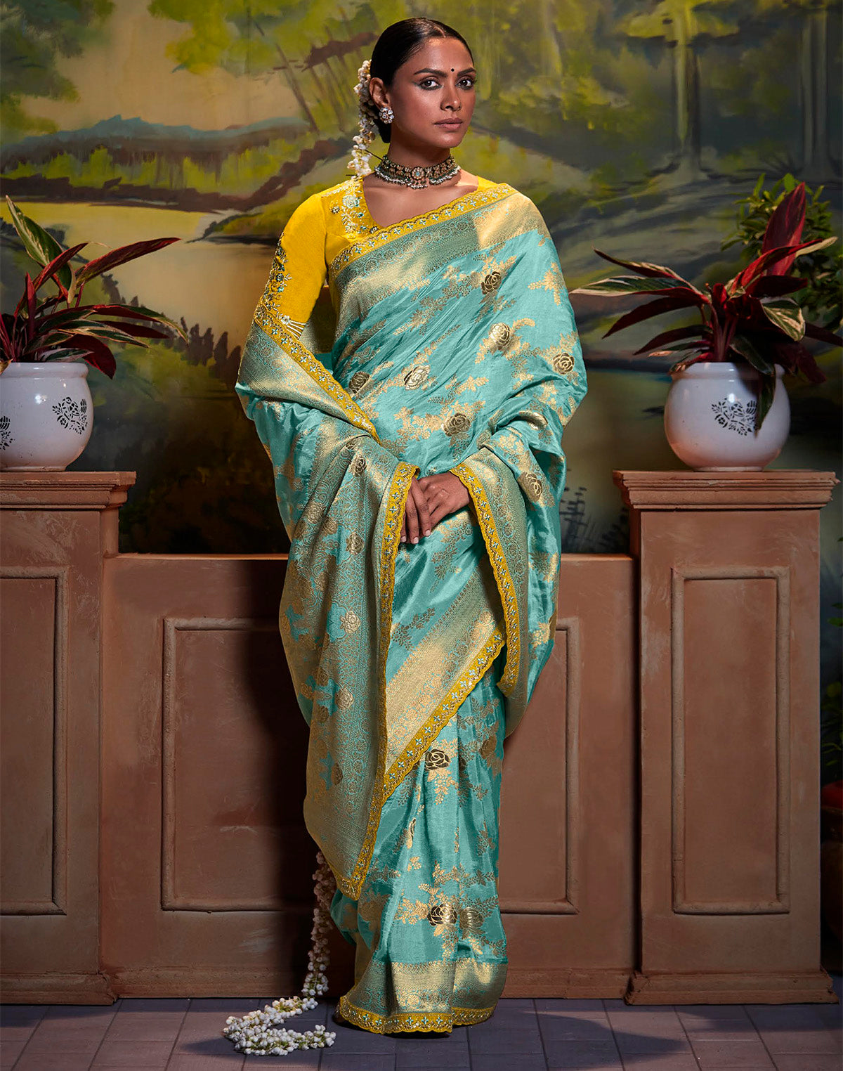 Aqua Blue Pure Dola Silk Floral Saree with Fancy Lace Border and Embroidery Work Blouse