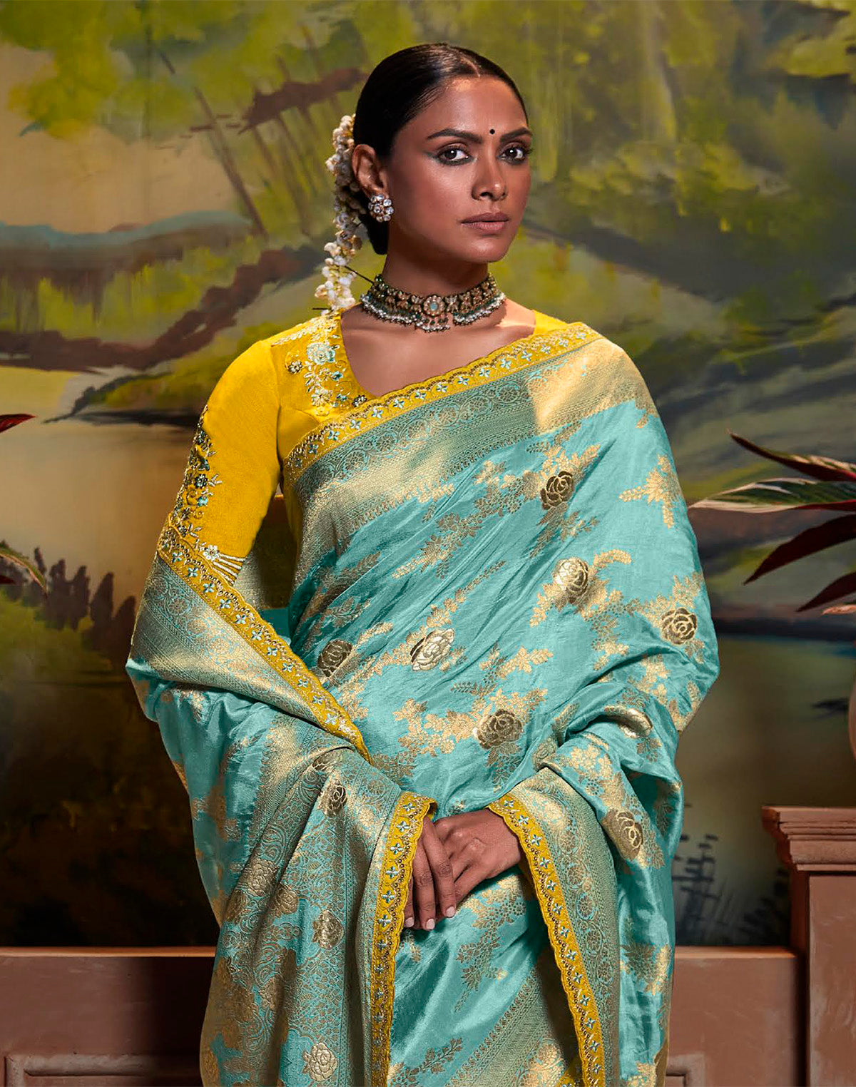 Aqua Blue Pure Dola Silk Floral Saree with Fancy Lace Border and Embroidery Work Blouse