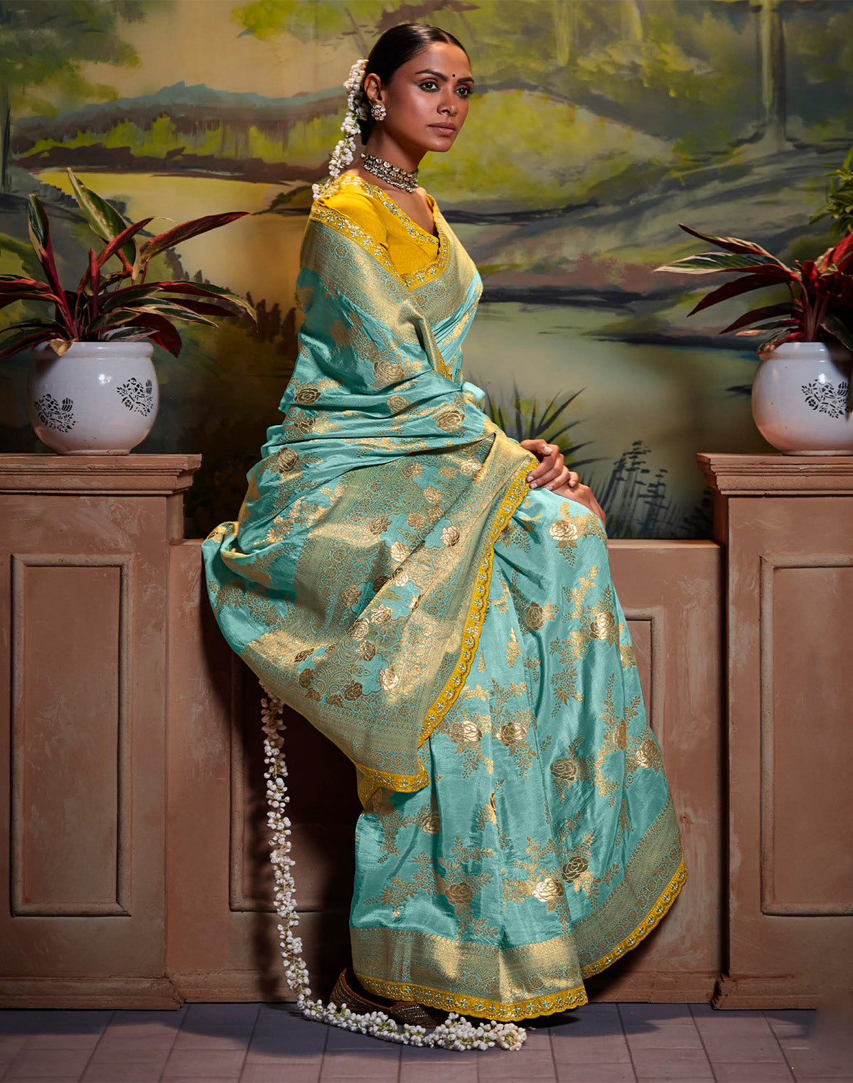 Aqua Blue Pure Dola Silk Floral Saree with Fancy Lace Border and Embroidery Work Blouse