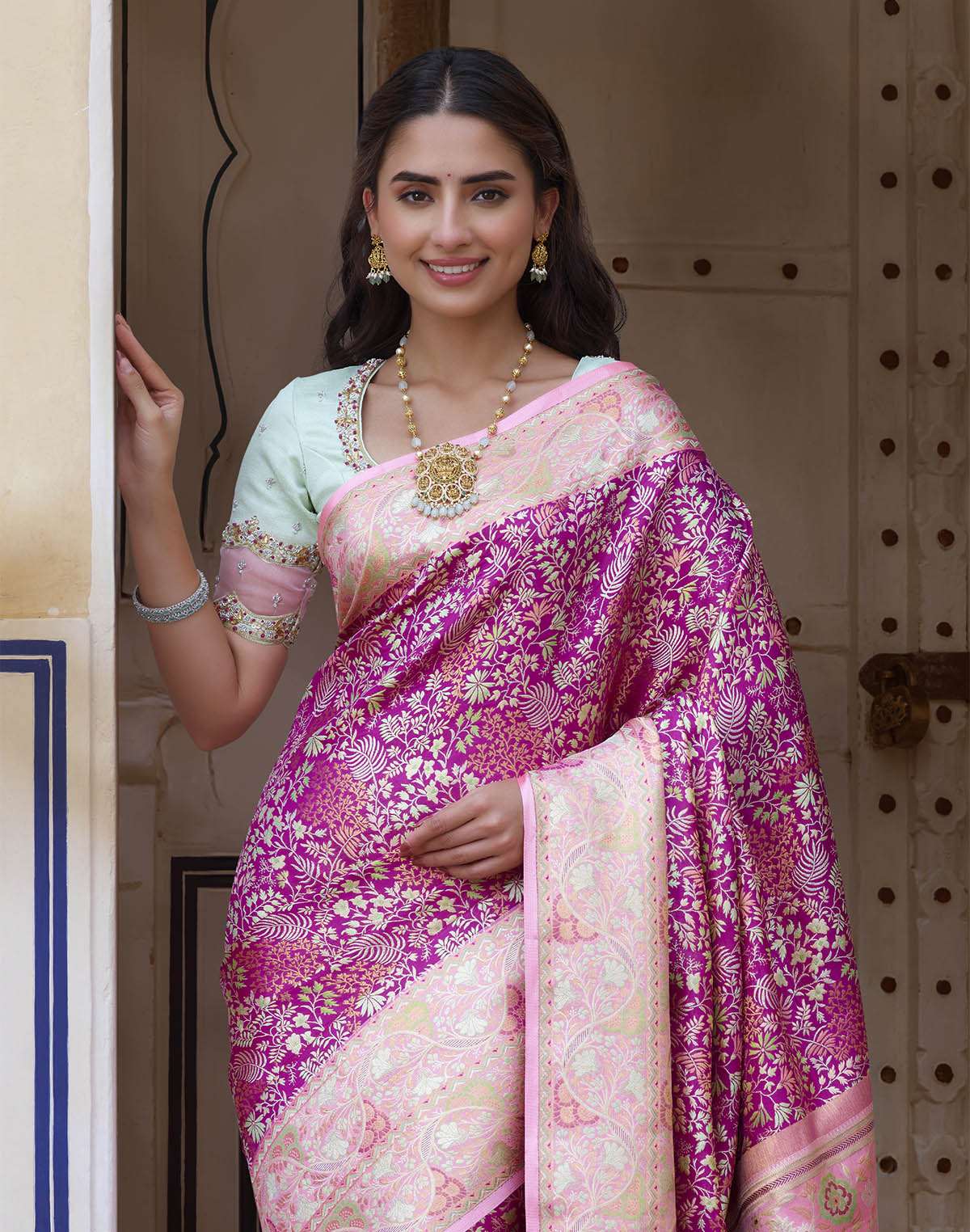 Pink all over Floral Design Pure Silk Saree with Contrast Blouse