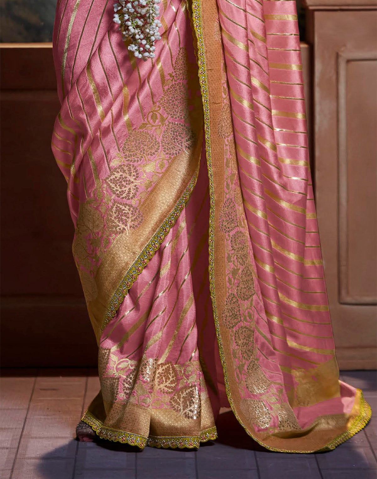 Light Pink Pure Dola Silk Saree with Fancy Lace Border and Embroidery Work Blouse