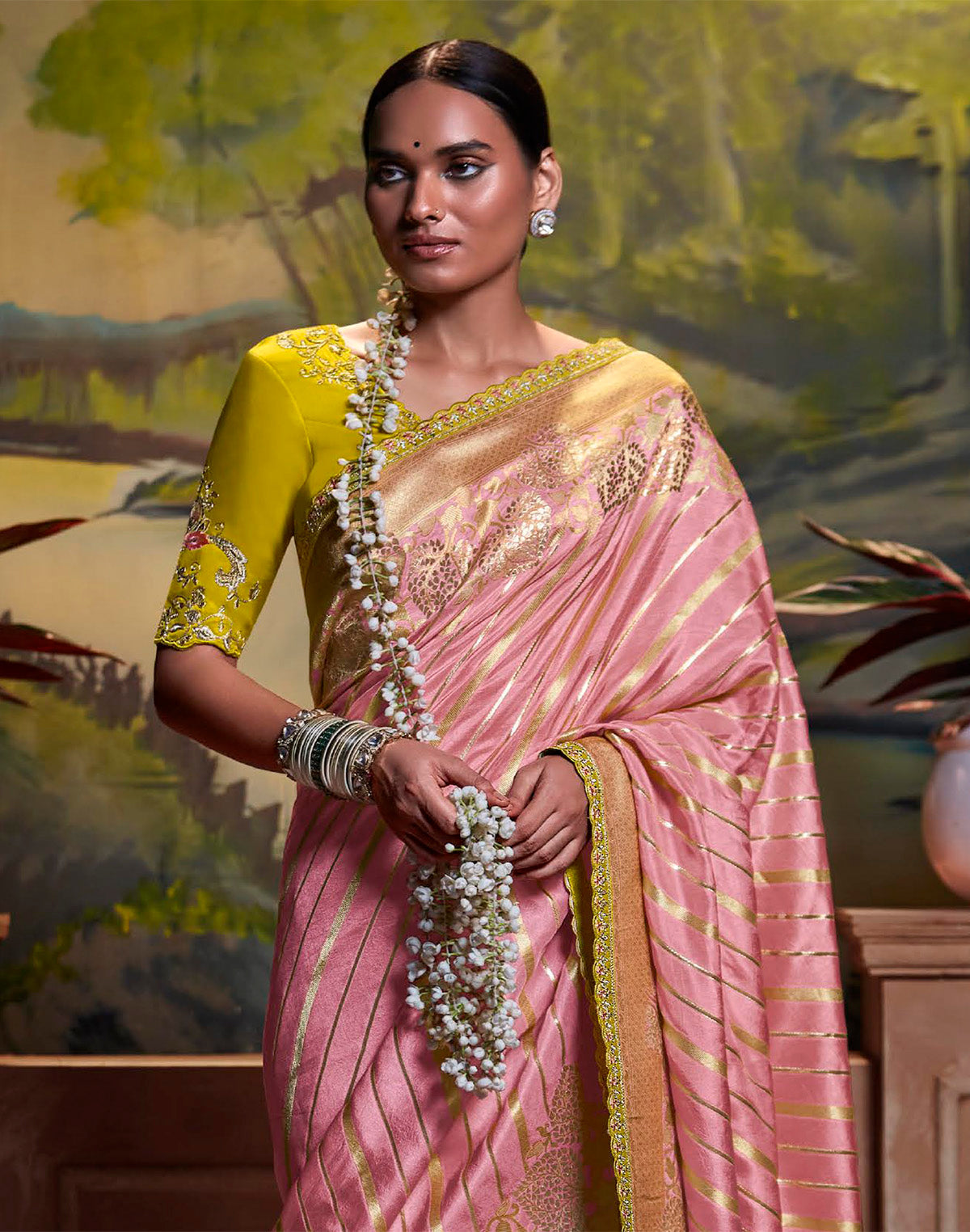 Light Pink Pure Dola Silk Saree with Fancy Lace Border and Embroidery Work Blouse