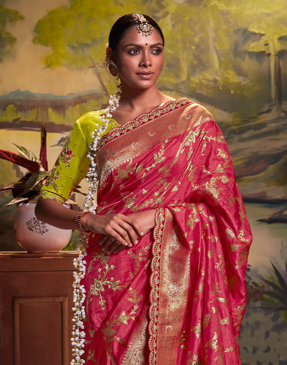 Pink Color Pure Dola Silk Saree with Contrast Designerwork Blouse