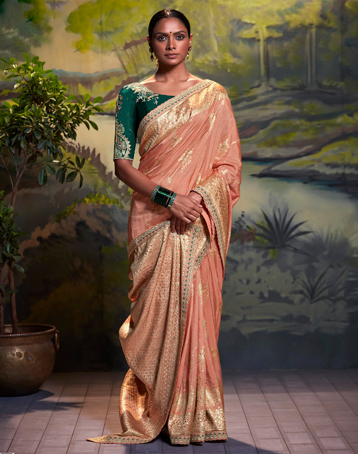 Light Peach Pure Dola Silk with Fancy Lace Border and Embroidery Work Blouse