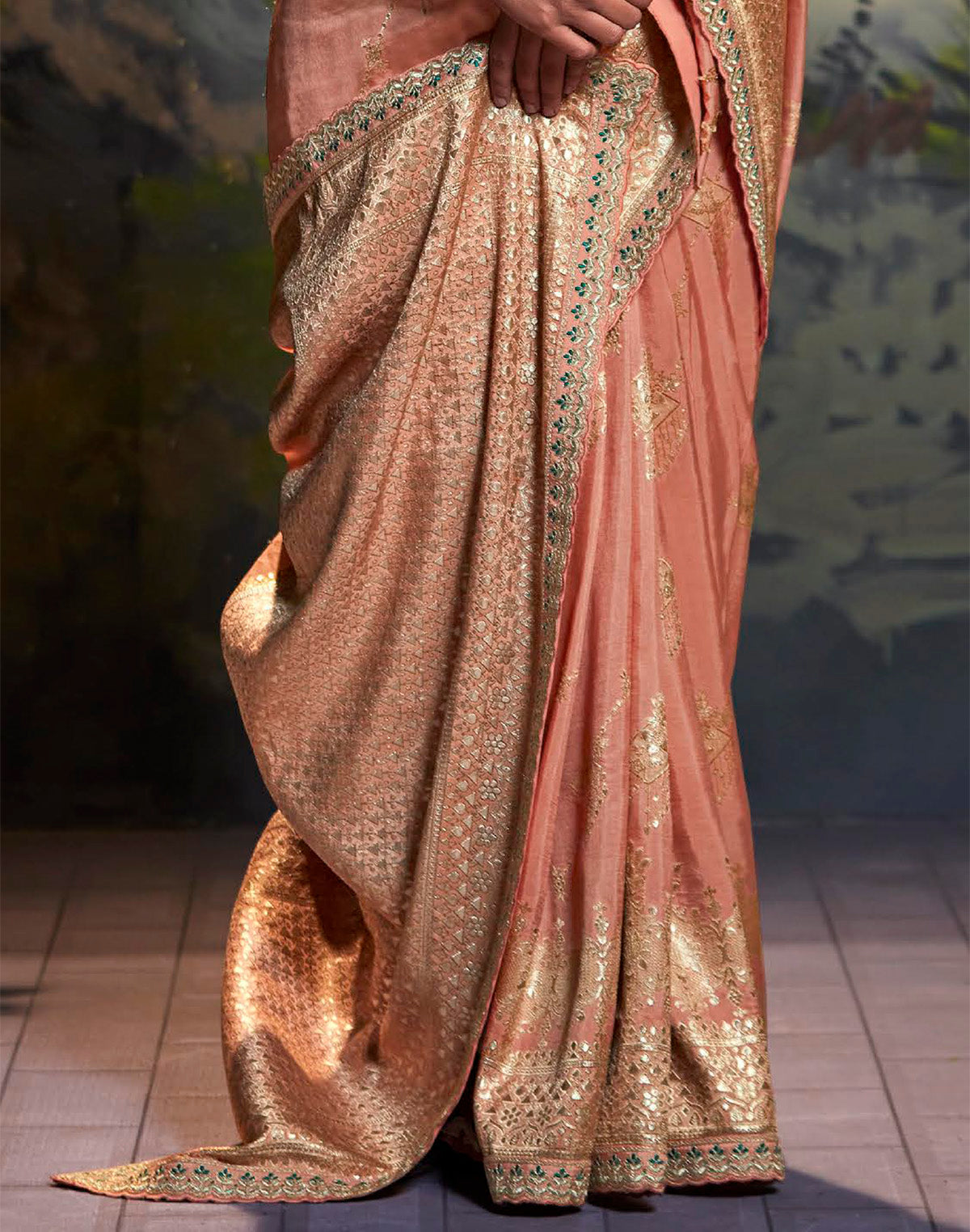 Light Peach Pure Dola Silk with Fancy Lace Border and Embroidery Work Blouse