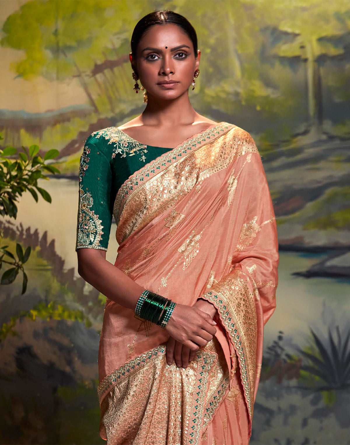 Light Peach Pure Dola Silk with Fancy Lace Border and Embroidery Work Blouse