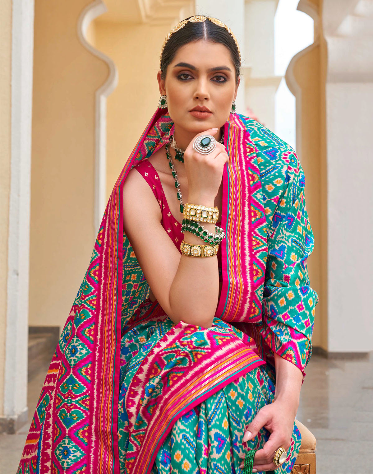 Light Sky Blue Patola Saree with Contrast Blouse