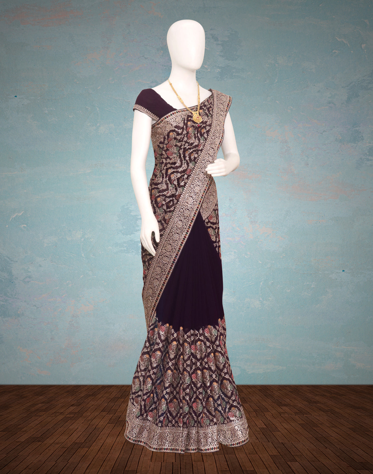 Wine Colour Embroidery with Stones work Georgette Saree