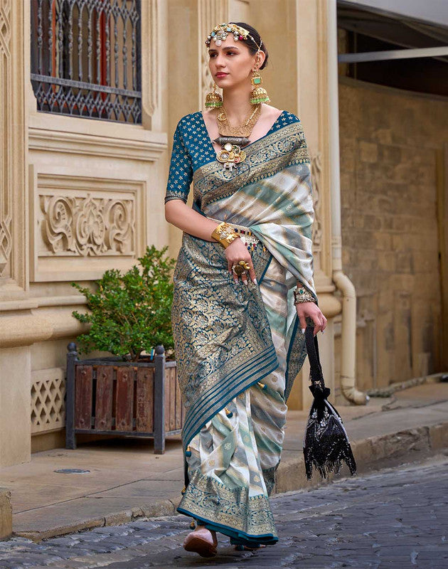 Peacock Blue elegant Banaras Border Goergette Saree