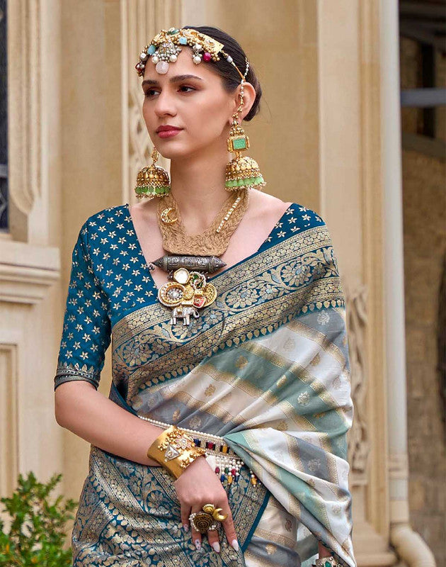 Peacock Blue elegant Banaras Border Goergette Saree