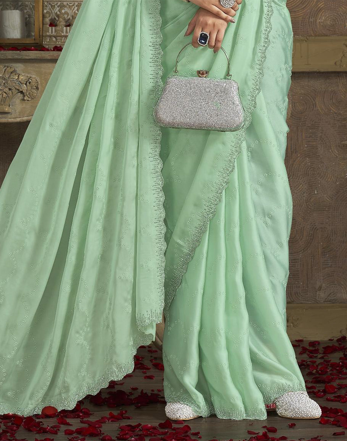 Light Pista Green Self Floral Design Satin Saree with Designer Blouse