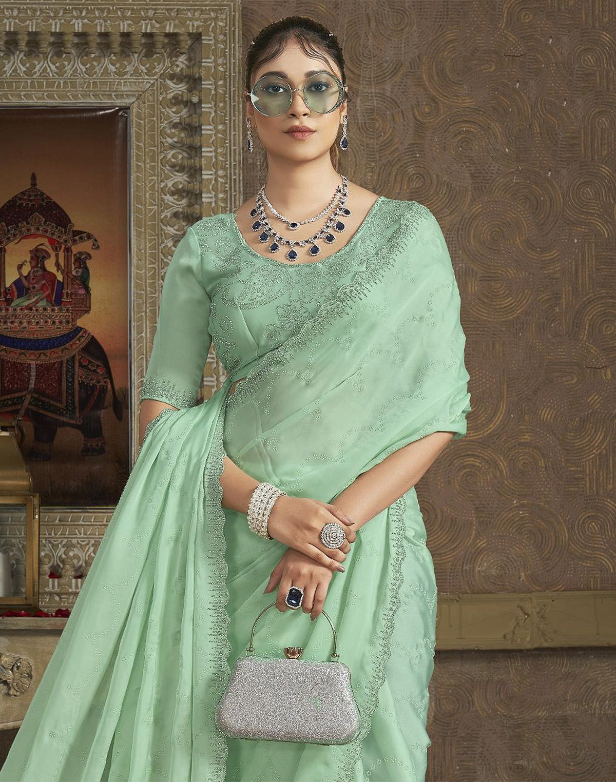 Light Pista Green Self Floral Design Satin Saree with Designer Blouse